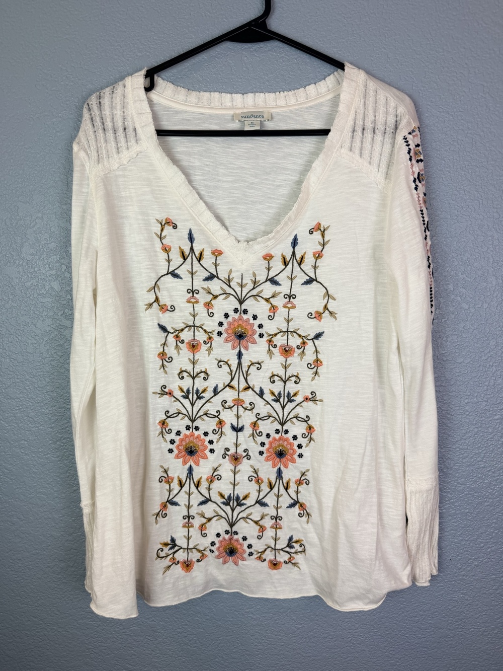 Sundance Blouse Womens Medium White Embroidered Floral Boho Long Sleeve Top